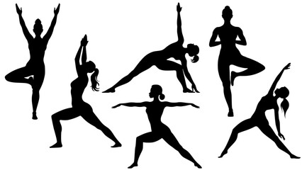 Stylish silhouettes of yoga ladies - obrazy, fototapety, plakaty