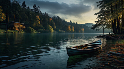 Obraz premium calm landscape, empty wooden boat on a foggy lake