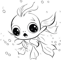 Cute cartoon fish. Black and white vector illustration for coloring book.