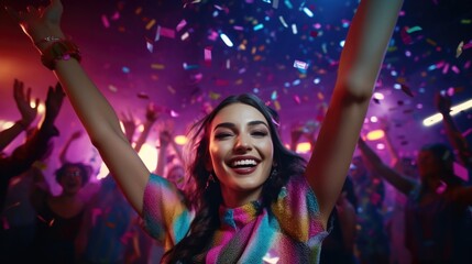 Young woman hands up under a rain of confetti at night party.