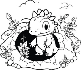 cute dinosaur in the garden. coloring book for children. vector illustration