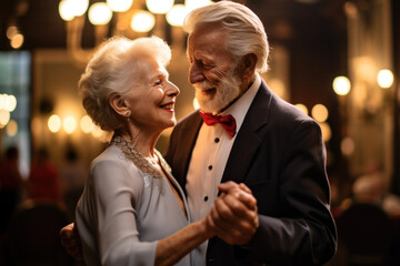 Happy mature senior couple dancing in restaurant in evening dresses and celebrating anniversary together. Retired family enjoying life