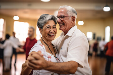 Obraz premium Happy elderly couple take a dance lesson in dancing class and having fun together. Joyful senior people enjoying life, embodying a healthy, retired lifestyle