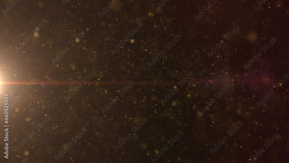 Aufkleber Gold defocus bokeh particle horizontal flowing from left to right scene concept. Debris floating  loop 4K motion background.