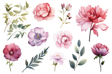 Top view / flat lay collection / set of watercolor flowers, buds, and leaves isolated on a white background for use in a floral garden or summertime design project. - obrazy, fototapety, plakaty