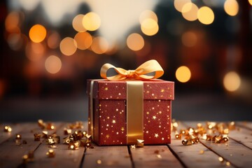 Photo of a beautifully wrapped Christmas gift box with a luxurious gold bow on a vibrant red background created with Generative AI technology - obrazy, fototapety, plakaty