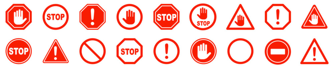 Red stop sign icon set. Do not enter. Danger. Vector illustration - obrazy, fototapety, plakaty