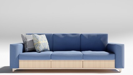 blue sofa with bottom drawers made of wood