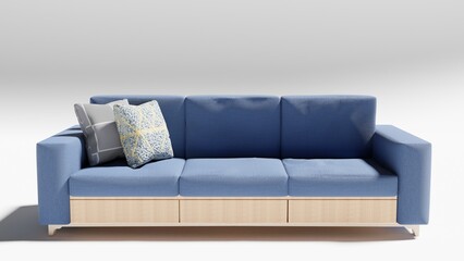 blue sofa with bottom drawers made of wood
