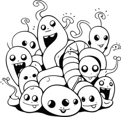 Black and white vector illustration of a group of funny monsters. Cartoon style.