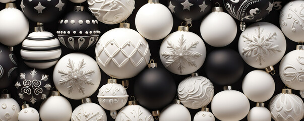 White and black christmas baubles decorated  with golden  snowflake.christmas  wallpaper . - obrazy, fototapety, plakaty