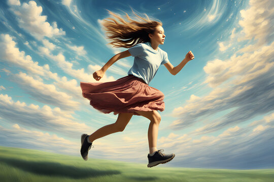 a girl running through the sky in a skirt. Generative AI