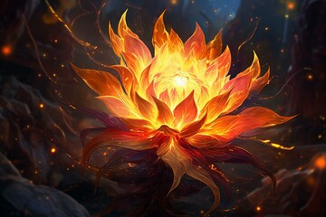 A blazing flower with vibrant flames. Generative AI