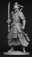 full body pose action ancient Chinese soldier general fantasy handsome 35 years old armor and hanfu wielding one hand sword caped 3d printed minis high quality 