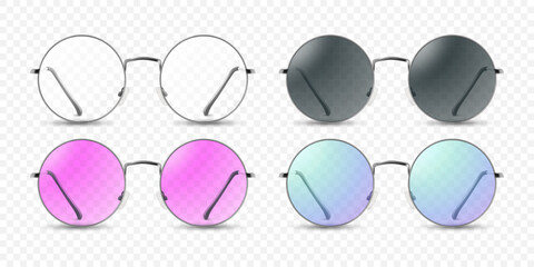Vector 3d Realistic Round Frame Glasses Frame Isolated. Transparent Sunglasses for Women and Men, Accessory. Optics, Lens, Vintage, Trendy Glasses. Front View