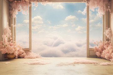 Pastel scenery, romantic empty room, decorated with pink fantasy flowers. Open panorama window, background of blue sky and clouds. Interior, studio and romance concept. 