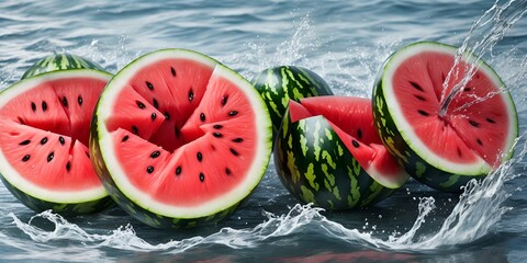 Watermelon in the water with a sunset background, Watermelon in water Illustration ,Fresh Watermelon Fruit Juice splashing out