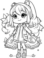 Coloring Page Outline Of a Cute Little Girl Vector Illustration.