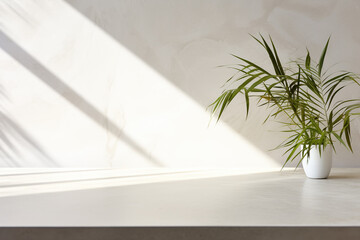 Modern minimal empty white marble stone counter table top, bamboo palm tree in sunlight, leaf shadow on wall background