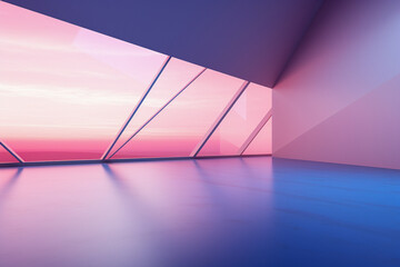 Perspective view on empty abstract room in purple and pink tones. Pastel colored walls and floor, shadow and light from panorama windows. Minimalistic studio, interior or show room concept.