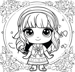 Cute cartoon girl with flowers. Vector illustration for coloring book.
