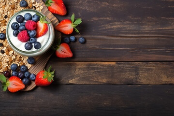 Granola cereal with fresh fruits such as slices of banana, blueberries, raspberries, strawberries and others on the top placed on a blue, dark wooden table, generative Ai.