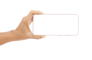 Hand holding a smartphone. Transparent mobile screen mockup. Shopping online or technology concept.