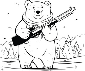 Polar bear with a gun in the forest. Vector illustration.