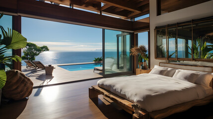 Luxury bedroom with ocean and pool views - obrazy, fototapety, plakaty