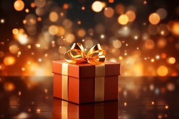Photo of a beautifully wrapped Christmas gift box with a luxurious gold bow on a vibrant red background created with Generative AI technology