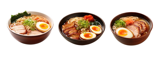Set of ramen traditional for japanese food in bowl isolated on transparent background. Generative Ai