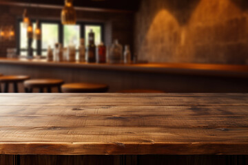 Pub bar counter with wooden table background
