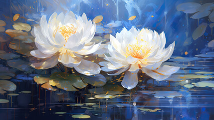 a painting of two white flowers floating on water.   Gouache Painting of a Cream color flower, Perfect for Wall Art.