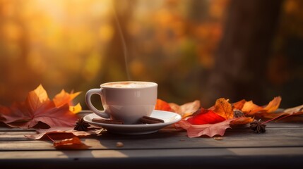 Naklejka na ściany i meble Cozy Coffee Cup Amidst Rustic Autumn Foliage on Wooden Table