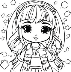 Cute little girl with stars. Vector illustration for coloring book.
