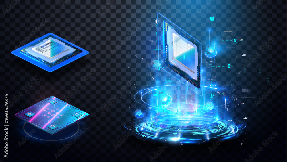 Fototapete Central Computer Processors CPU concept. Workflow of modern powerful processor. Projection of a futuristic microchip on transparent background.  Presentation processor with hosting. Vector illustraton