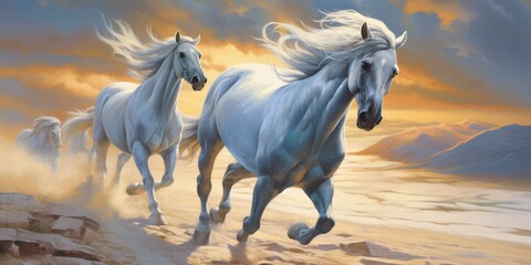 Obraz premium Silver Horses Galloping in the Desert Sand