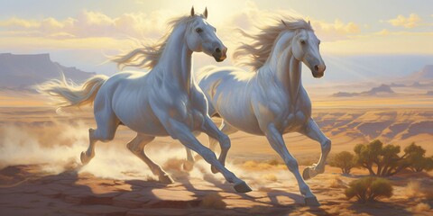Silver Horses Galloping in the Desert Sand