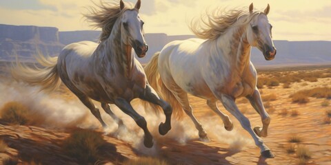Obraz na płótnie Canvas Silver Horses Galloping in the Desert Sand