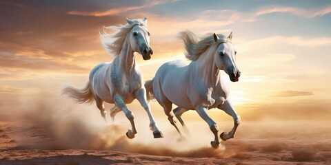 Naklejka na ściany i meble Silver Horses Galloping in the Desert Sand