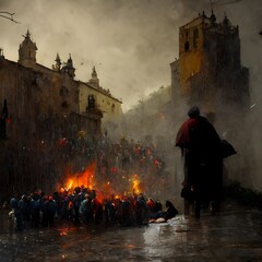 Abstract fallen man on the ground asking for help and behind a mob of people with torches and pickaxes in medieval Spain with rain highly detailed fantasy ultra realistic 
