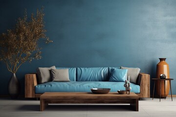 Mock-up of a blue sofa, wooden table, and decor in a living room rendered in 3D. Generative AI