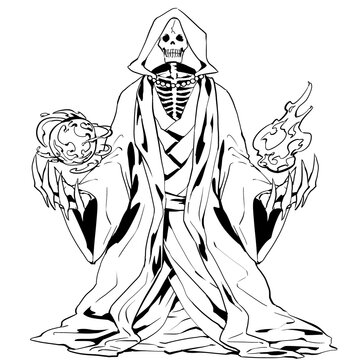 recommend clip art: フードをかぶった骸骨のモンスターイラスト線画　魔法エフェクトあり　アンデッド　スケルトンメイジ
