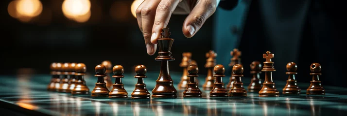 Fotobehang Businessman control chess game concept for ideas business strategy management, development new strategy plan, leader and teamwork, planning for competition © AlexCaelus