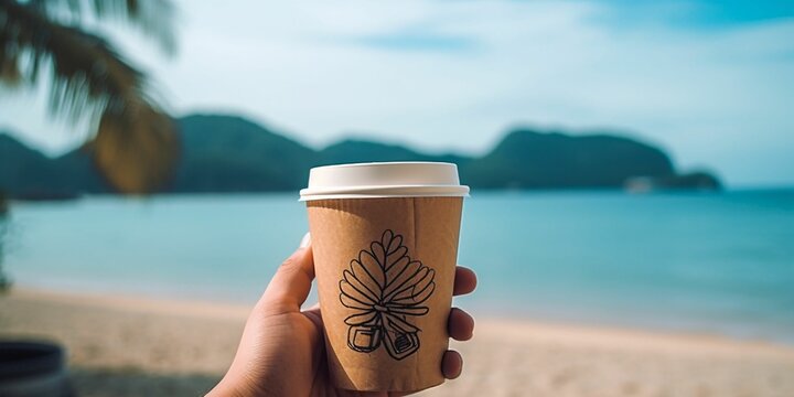 A Person Hand Holding a Paper Coffee Cup with Beach View