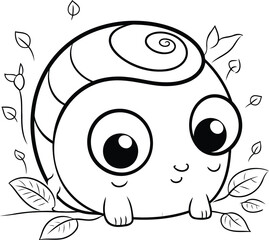 Cute snail with leaves. Black and white vector illustration for coloring book.