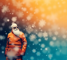 Naklejka premium Santa Claus is wearing modern orange suit and standing in front of a blurry orange and blue background with white Christmas stars. Season greetings concept. Generative AI