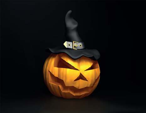 Halloween pumpkin with witch hat isolated vector 3d illustration