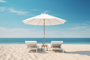 The picture of a white beach umbrella and comfort outdoor lay chair placed on soft white sand at the beach  under blue sky and sun shines, Generative AI. - obrazy, fototapety, plakaty