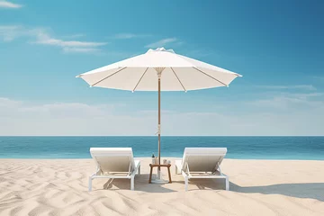 Fotobehang The picture of a white beach umbrella and comfort outdoor lay chair placed on soft white sand at the beach  under blue sky and sun shines, Generative AI. © Surachetsh